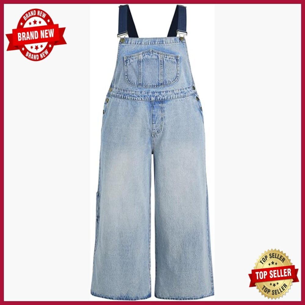 Plus Size Denim Overalls Wide Leg Adjustable Straps Pockets Jumpsuit